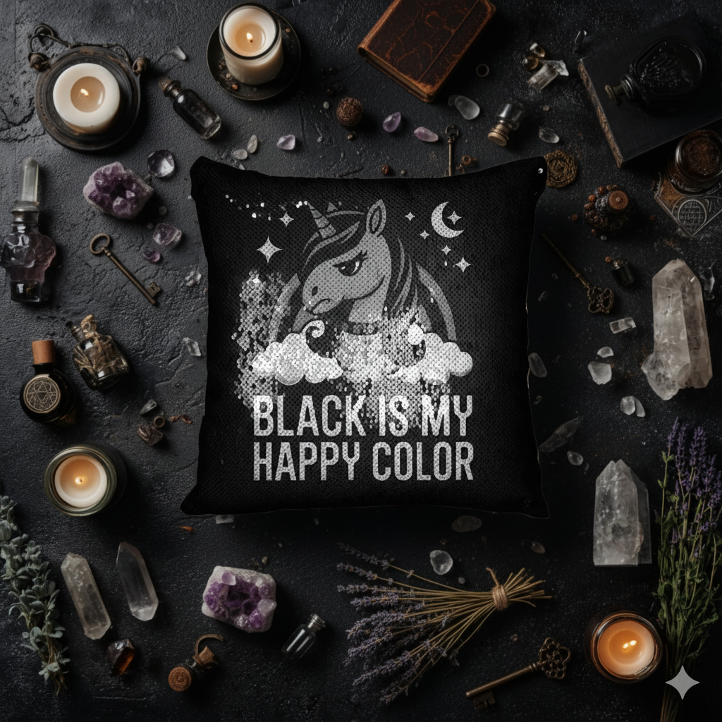 Black Is My Happy Color – Gothic Unicorn Sequin Pillow Cover